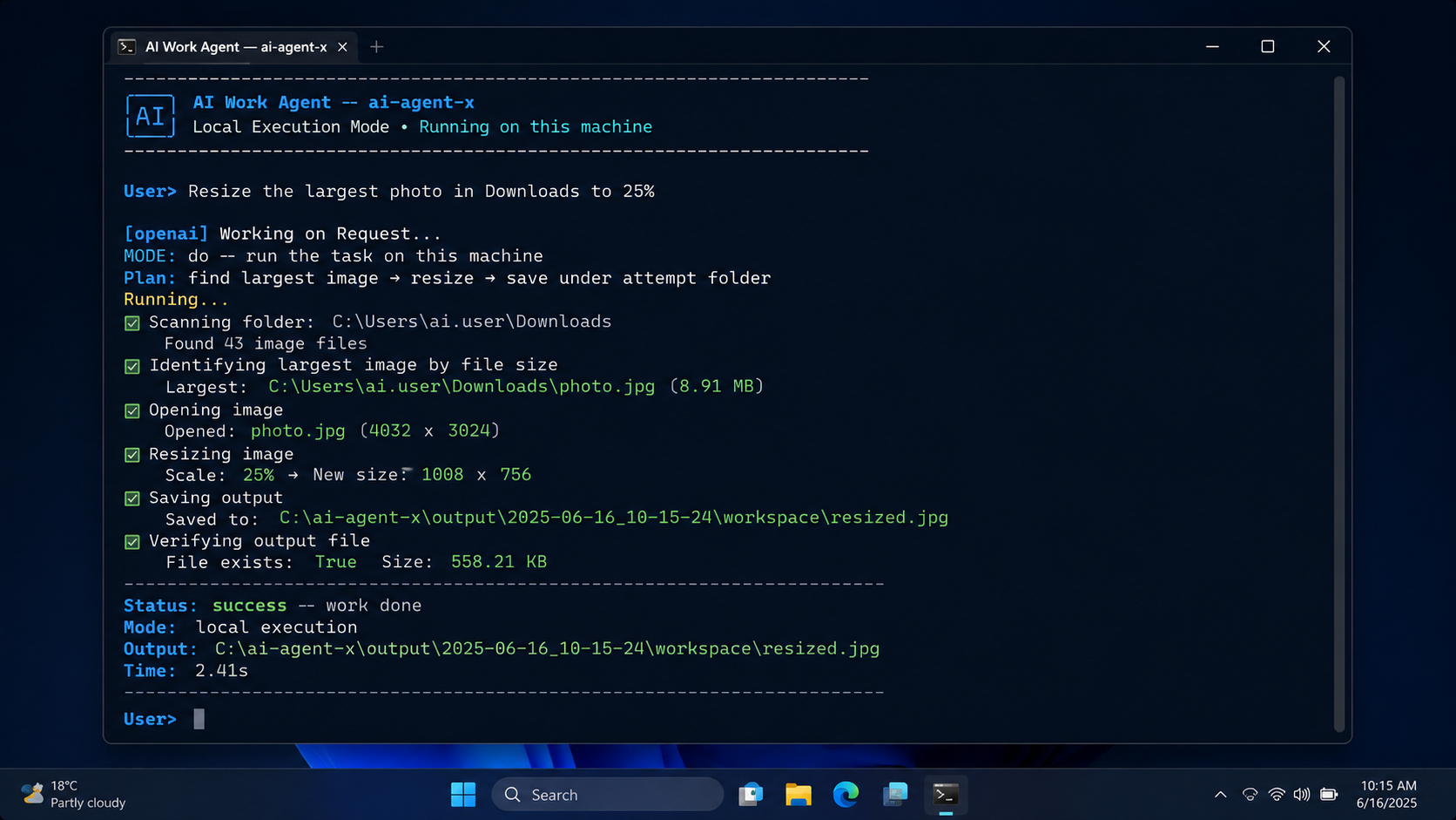 AI Work Agent completing a local file task in the terminal