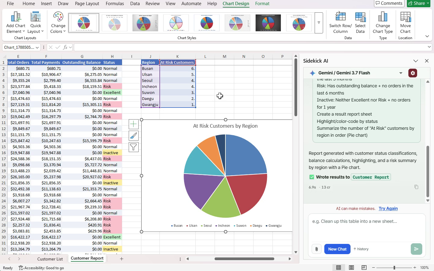Office AI Agent in Excel creating a customer report