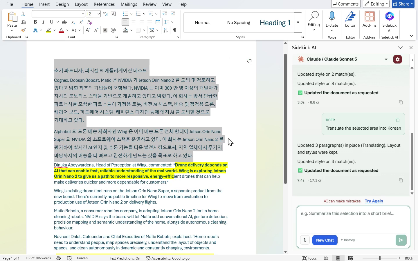 Word with Sidekick AI translating a selection and highlighting quotations