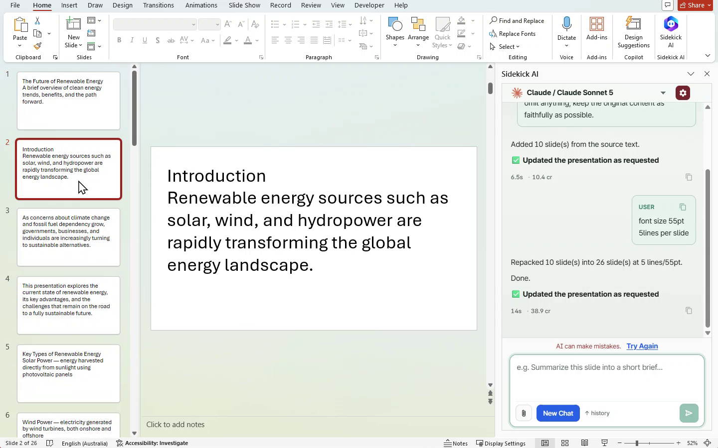 PowerPoint with Sidekick AI repacking a deck to larger font and fewer lines per slide