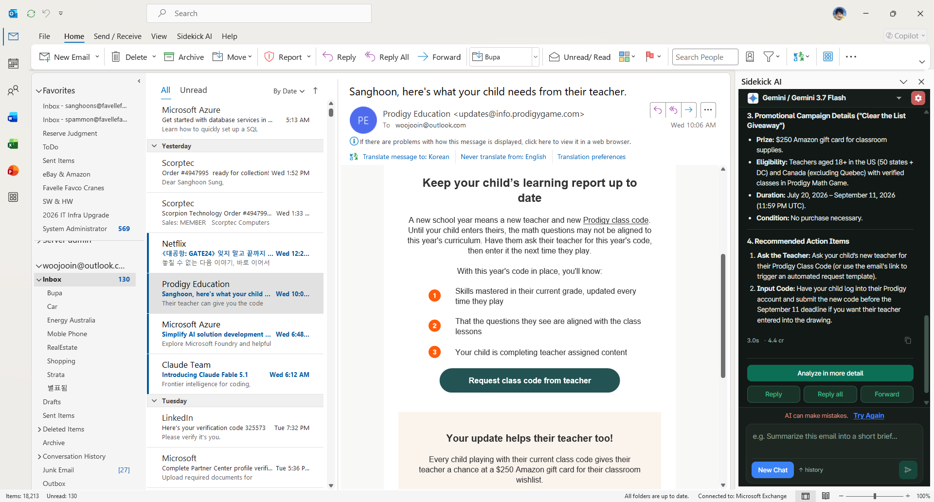Outlook desktop with Sidekick AI summarizing an email and listing recommended actions